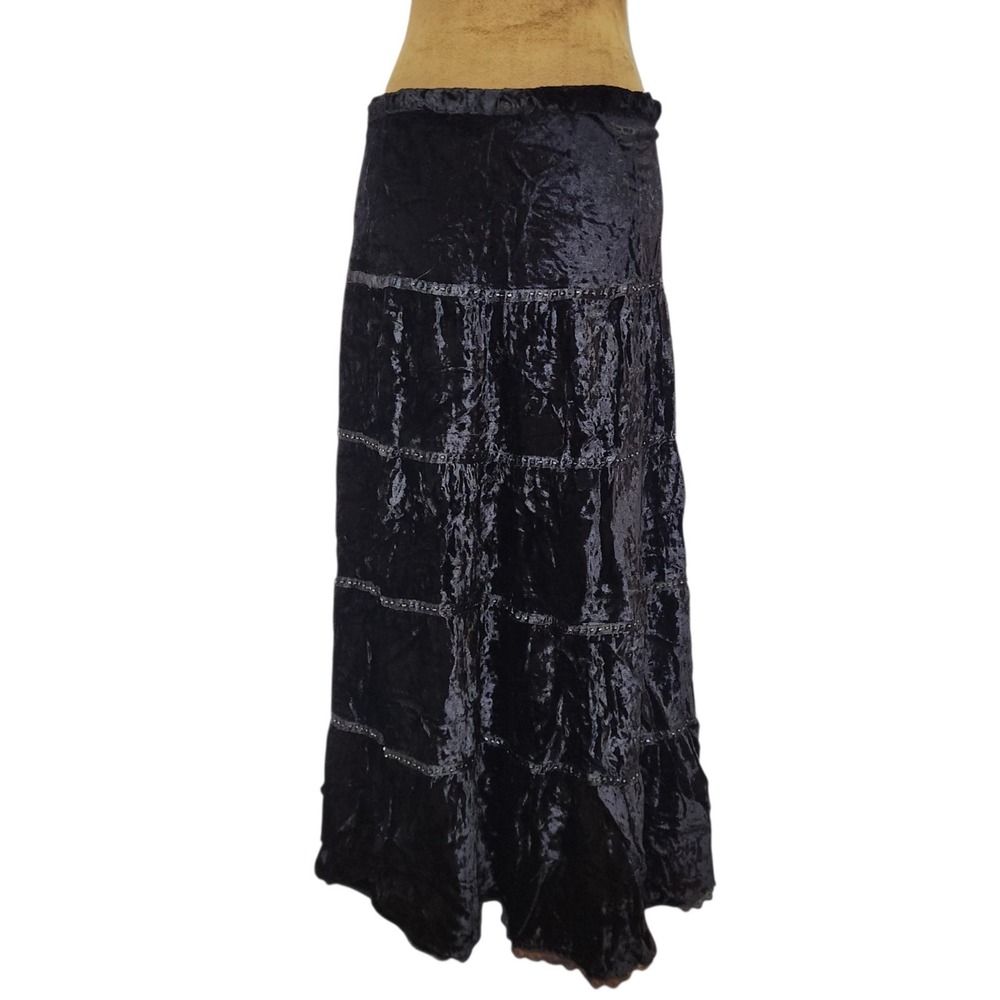 Vintage Elan Maxi Skirt Black Velvet Size S Beaded Lace Trim Whimsigoth Witchy